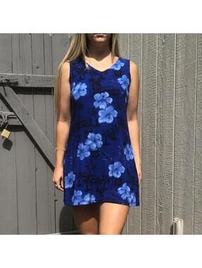 Vintage Blue Hawaiian Hibiscus Sun Dress Floral Print 90s Y2k Sz M